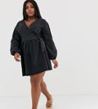Asos Design Curve Denim Wrap Smock Mini Dress In Black