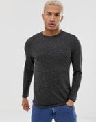 Asos Design Longline Long Sleeve T-shirt In Linen Mix - Black