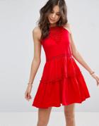 Asos Sundress With Lace Inserts And Pom Poms - Red