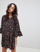 Qed London Floral Smock Dress With Frill - Green