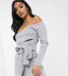 Missguided Petite Two-piece Wrap Cropped Sweater In Gray-grey