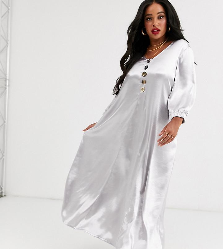Native Youth Plus Exclusive Volume Maxi Smock Dress In Shimmer Fabric-silver