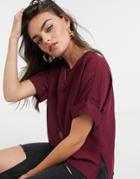 Asos Design Oversized Woven Tee With Roll Sleeve In Dark Berry-red