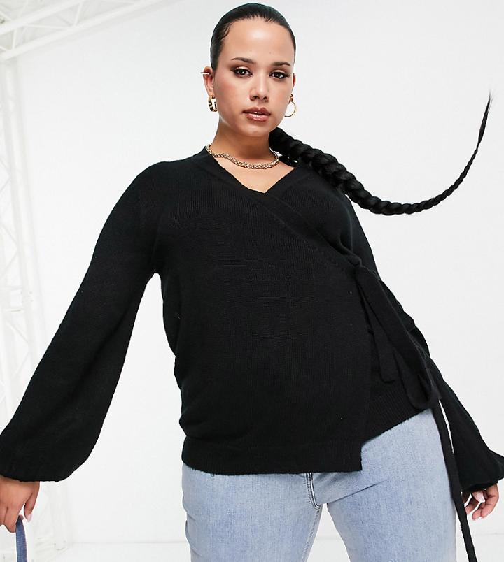 Asos Design Curve Knit Wraparound Waist Cardigan With Balloon Sleeves In Black
