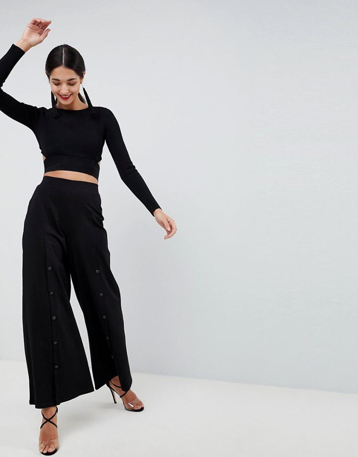 Asos Design Wide Leg Pants With Popper Front - Black