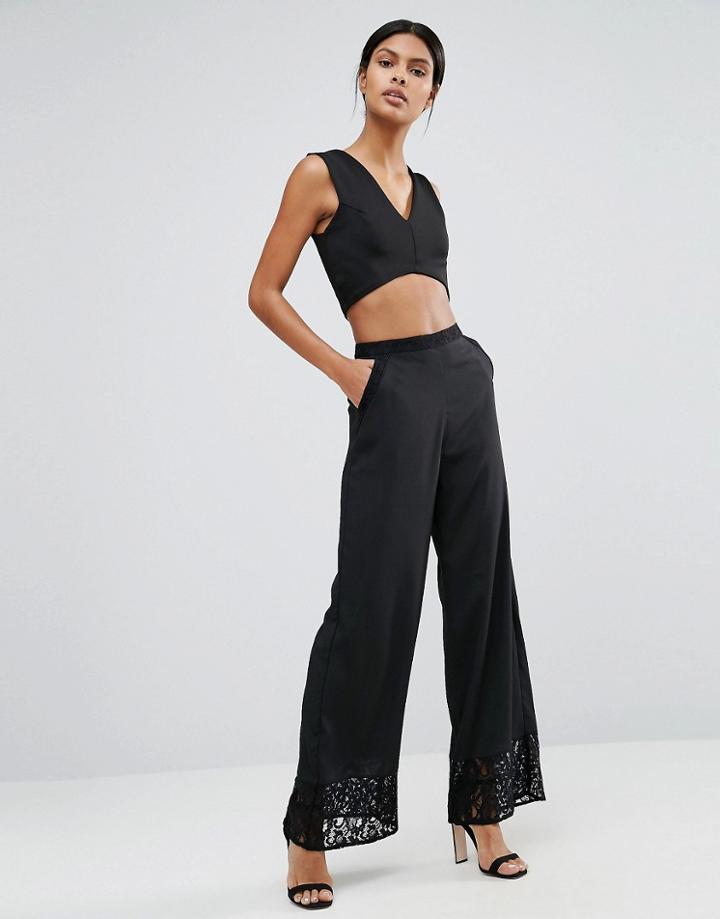 Warehouse Satin & Lace Paneled Wide Leg Pant - Black