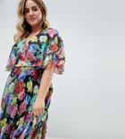 Asos Design Curve Midi Dress With Pleat Skirt And Flutter Sleeve In Floral Print - Multi
