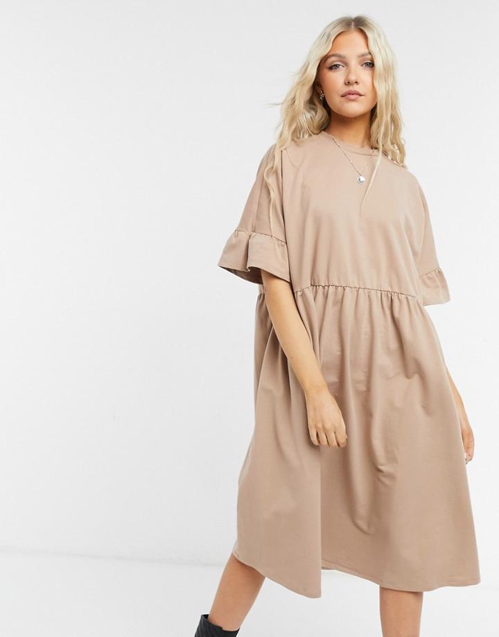 Asos Design Oversized Ruffle Sleeve Smock Sweat Midi Dress In Camel-neutral