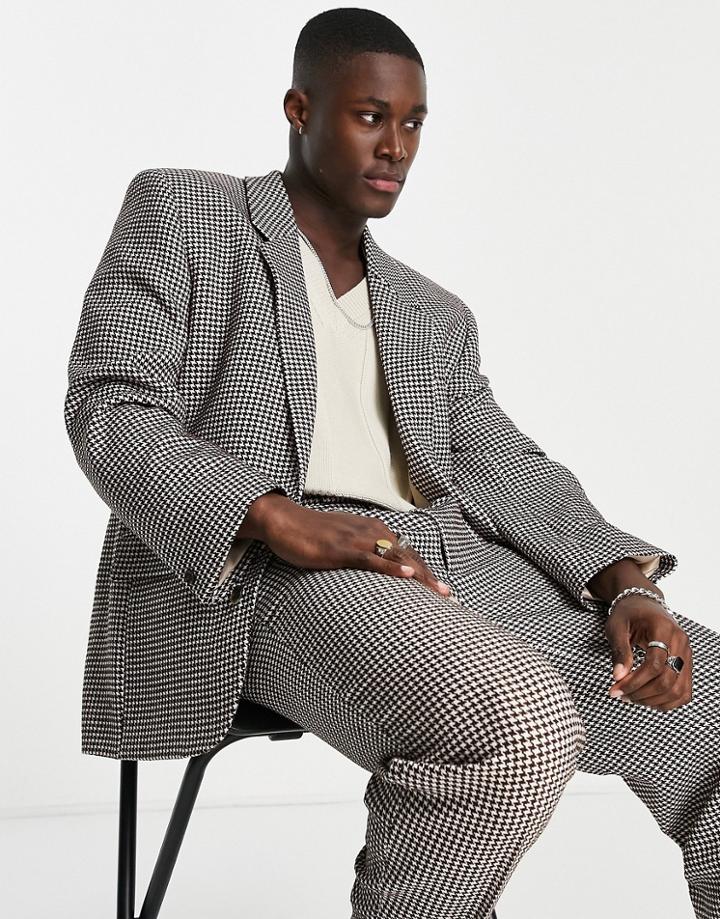 Asos Design Skinny Suit Jacket With Power Shoulder In Brown Dogstooth