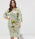 Asos Design Curve Kimono Midi Pencil Dress In Satin Floral Embroidery-green