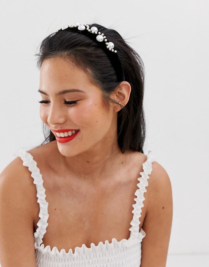 Asos Design Headband With Pearl And Crystal Embellishment In Black Velvet - Black
