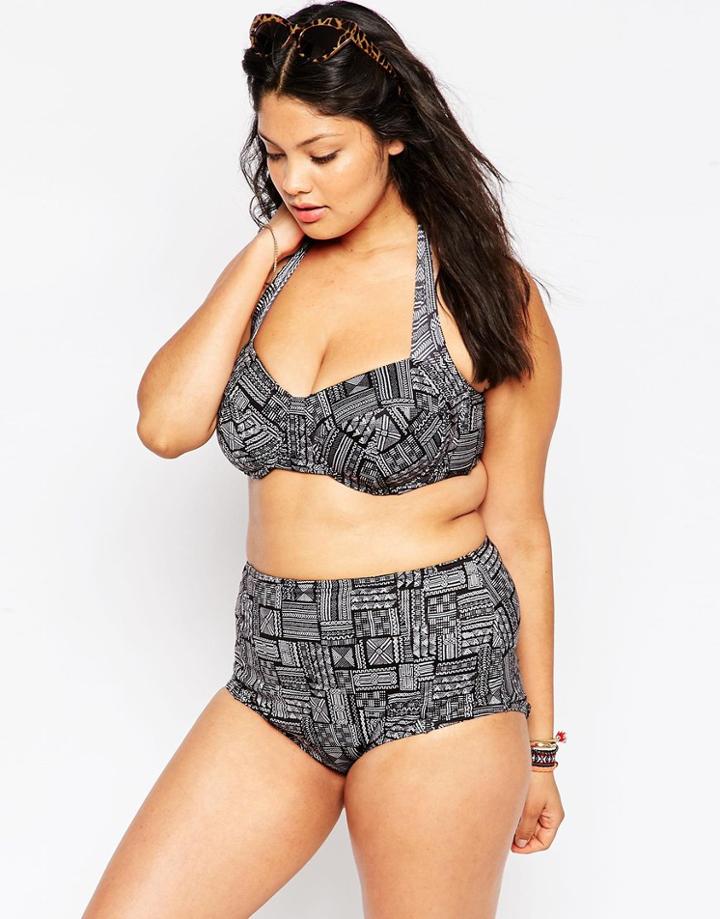 Asos Curve Highwaist Bikini Bottom With Support In Geo-tribal Print - Multi