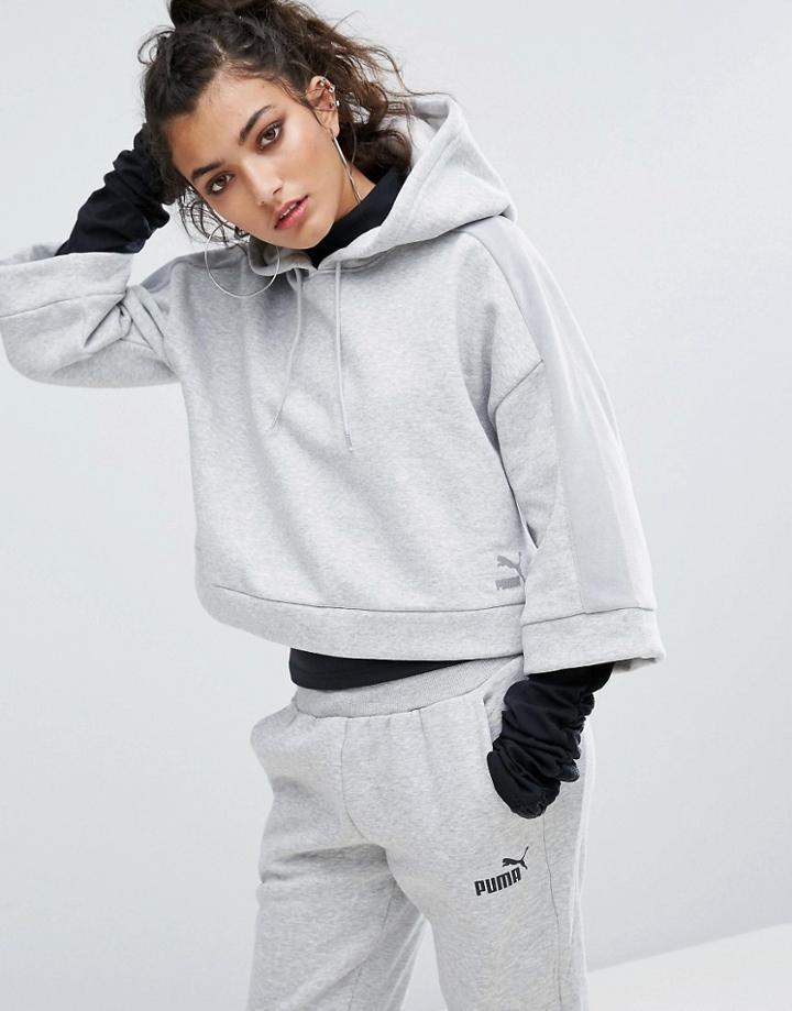 Puma Cropped Hoodie With Wide Sleeves In Gray - Gray