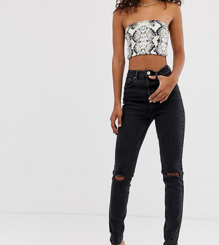 Asos Design Tall Farleigh High Waisted Slim Mom Jeans In Washed Black With Busted Knees - Black