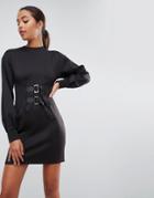 Asos Mini Column Dress With Balloon Sleeves And Buckle Details-black