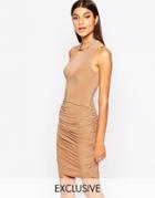 Club L Slinky Pencil Dress With Side Ruched Detail - Light Beige