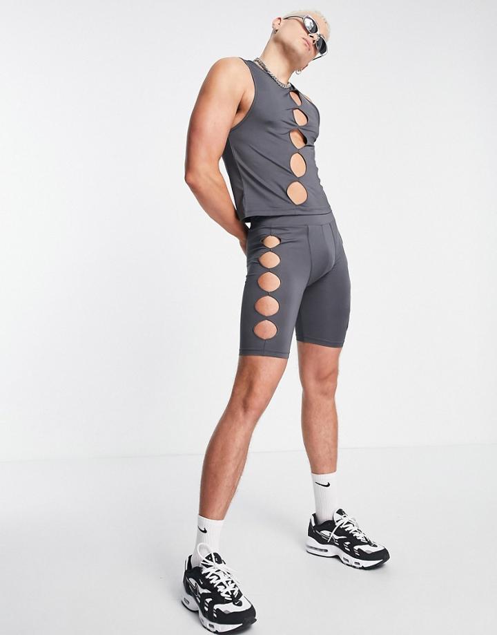 Asos Design Legging Shorts With Cut Out Detail In Charcoal Gray - Part Of A Set-black