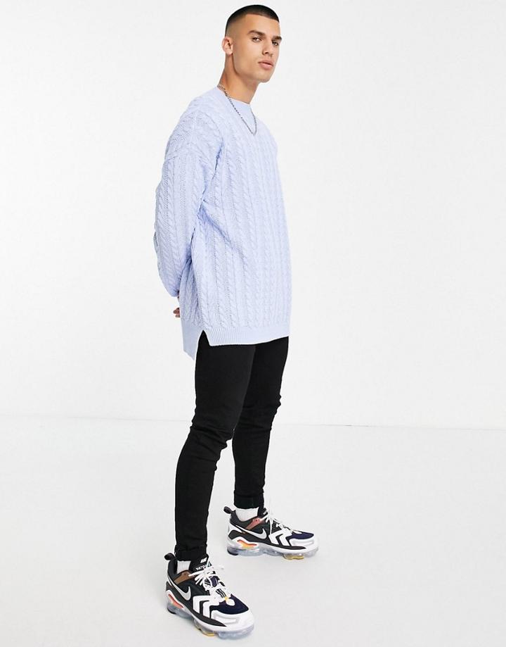 Asos Design Chunky Knit Longline Sweater In Light Blue-blues