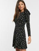 Warehouse Floral Print Frill Sleeve Dress In Black-multi