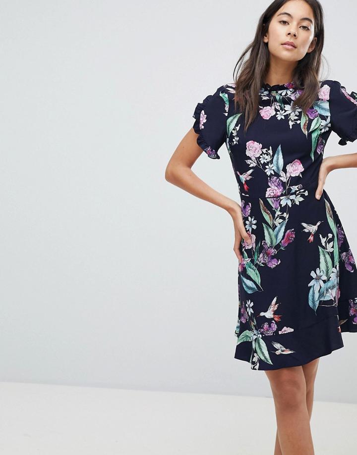 Oasis Ruffle Sleeve Floral Printed Skater Dress - Multi