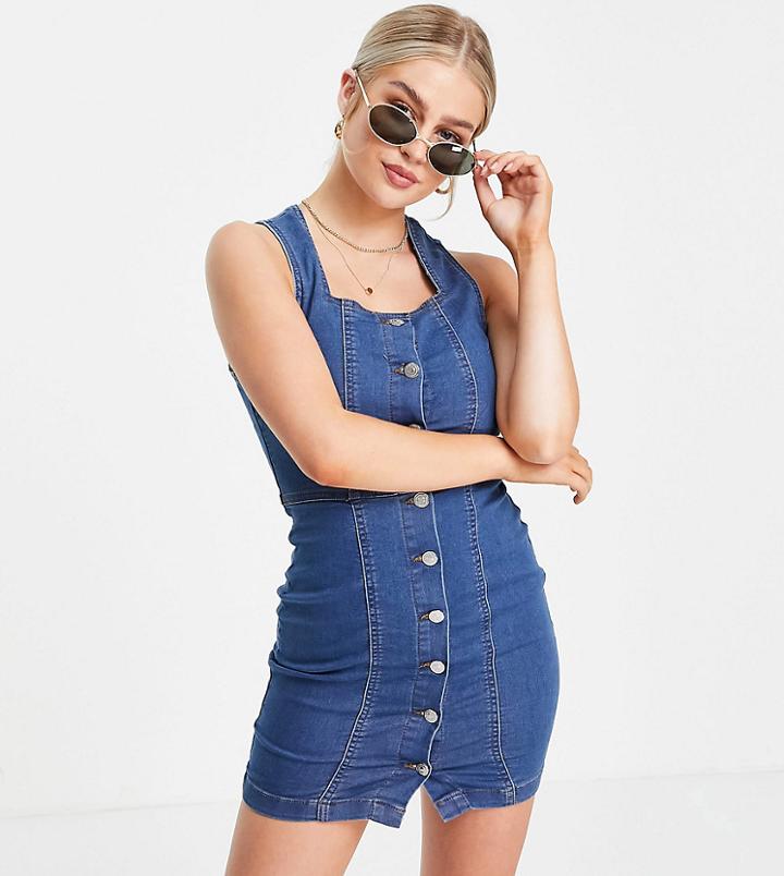 Parisian Petite Button Through Denim Dress In Mid Blue-blues