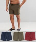 Asos Design Plus Swim Shorts 3 Pack In Khaki & Navy & Burgundy Mid Length - Multi