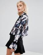 Lost Ink Cropped Shirt In Floral Print With Velvet Bow Detail - Multi
