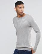 Asos Muscle Fit Ribbed Sweater In Merino Wool Mix - Silver Gray