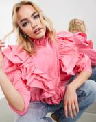 Asos Edition Ruffle Detail Shirt With High Neck In Pink