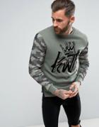 Kings Will Dream Sweatshirt In Khaki With Camo Sleeves - Green