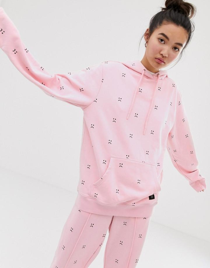 Lazy Oaf Oversized Hoodie With Sad Face Embroidery Two-piece - Black