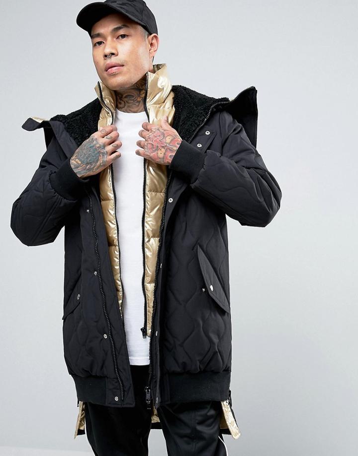 Asos Padded Black Parka Jacket With Gold Inner - Black