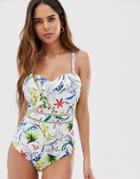 Figleaves Fuller Bust Botanical Underwired Bandeau Swimsuit In White Multi