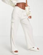 Stradivarius Wide Leg Linen Look Relaxed Pants With Cargo Detail In Natural-neutral