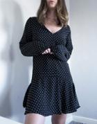 Asos Design Long Sleeve V Neck Mini Dress With Curved Hem In Mono Polka Dot-multi