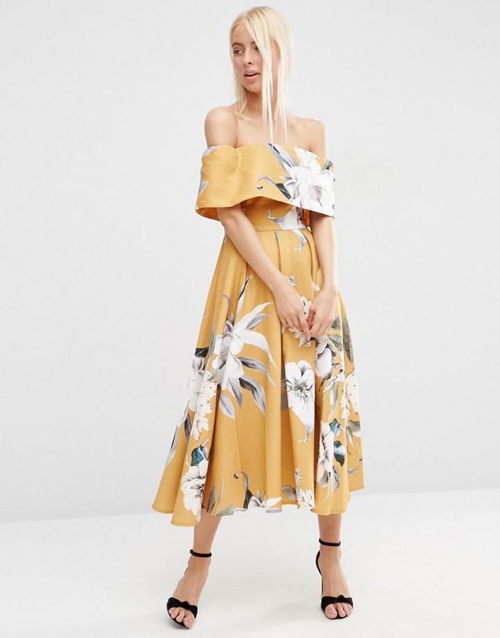 Asos Premium Off The Shoulder Bardot Midi Prom Dress In Mustard Floral - Yellow