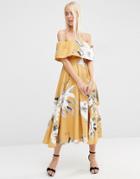 Asos Premium Off The Shoulder Bardot Midi Prom Dress In Mustard Floral - Yellow
