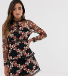 Asos Design Long Sleeve Tiered Mini Dress In Red Embroidered Floral Mesh