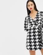 Unique21 Houndstooth Wrap Front Long Sleeve Dress - Multi