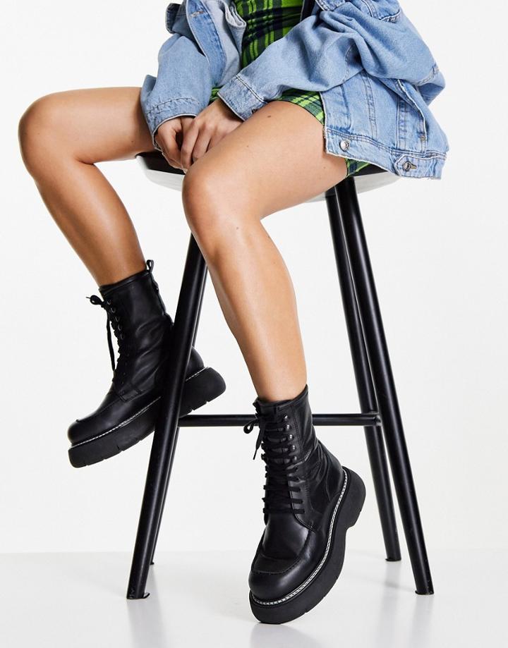 Topshop Apis Leather Chunky Lace Up Boot In Black