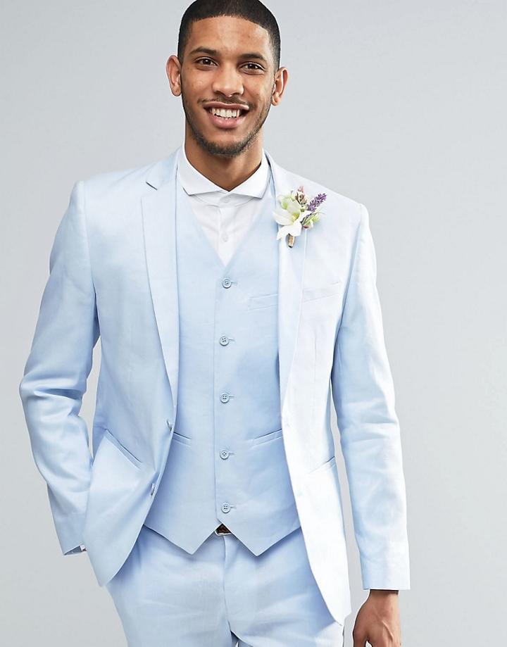 Asos Skinny Suit Jacket In Linen Mix In Blue - Blue