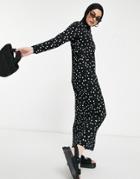Asos Design Long Sleeve Maxi T-shirt Dress In Black And White Polkadot
