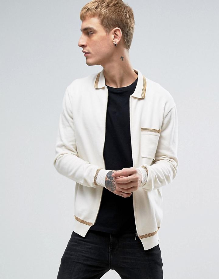 Pretty Green Fencot Knit Polo Zipthru With Tipping In Stone - Stone