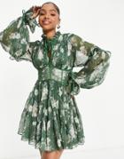 Asos Design Pleated Mini Dress With Corset Waist Detail In Green Floral-multi