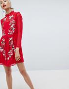 Asos Pretty Embroidered Mini Dress On Dobby - Red