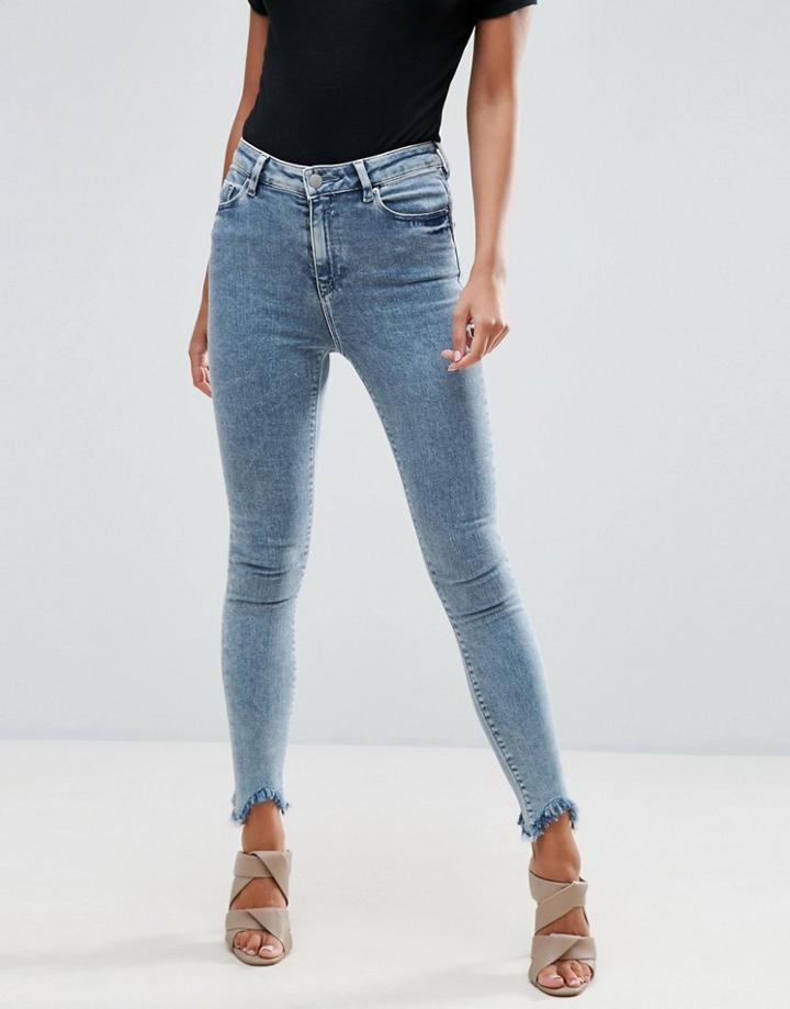 Asos Ridley Skinny Jeans In Rula Mottled Wash With Arched Raw Hem - Blue