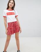 Bershka Floral Button Front Skirt In Red - Red