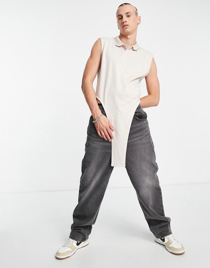 Asos Design Muscle Fit Sleeveless Polo With Extended Hem In Gray