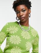 Asos Design Sweater With Flower And Smile Pattern In Green