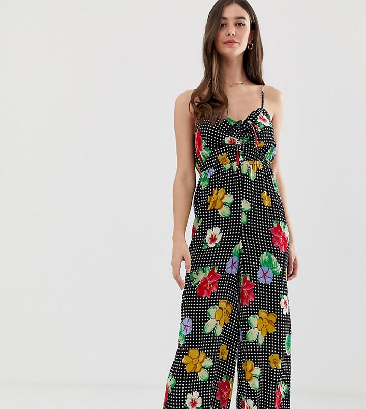 Asos Design Tall Cami Jumpsuit With Gathered Bodice In Floral Print-multi